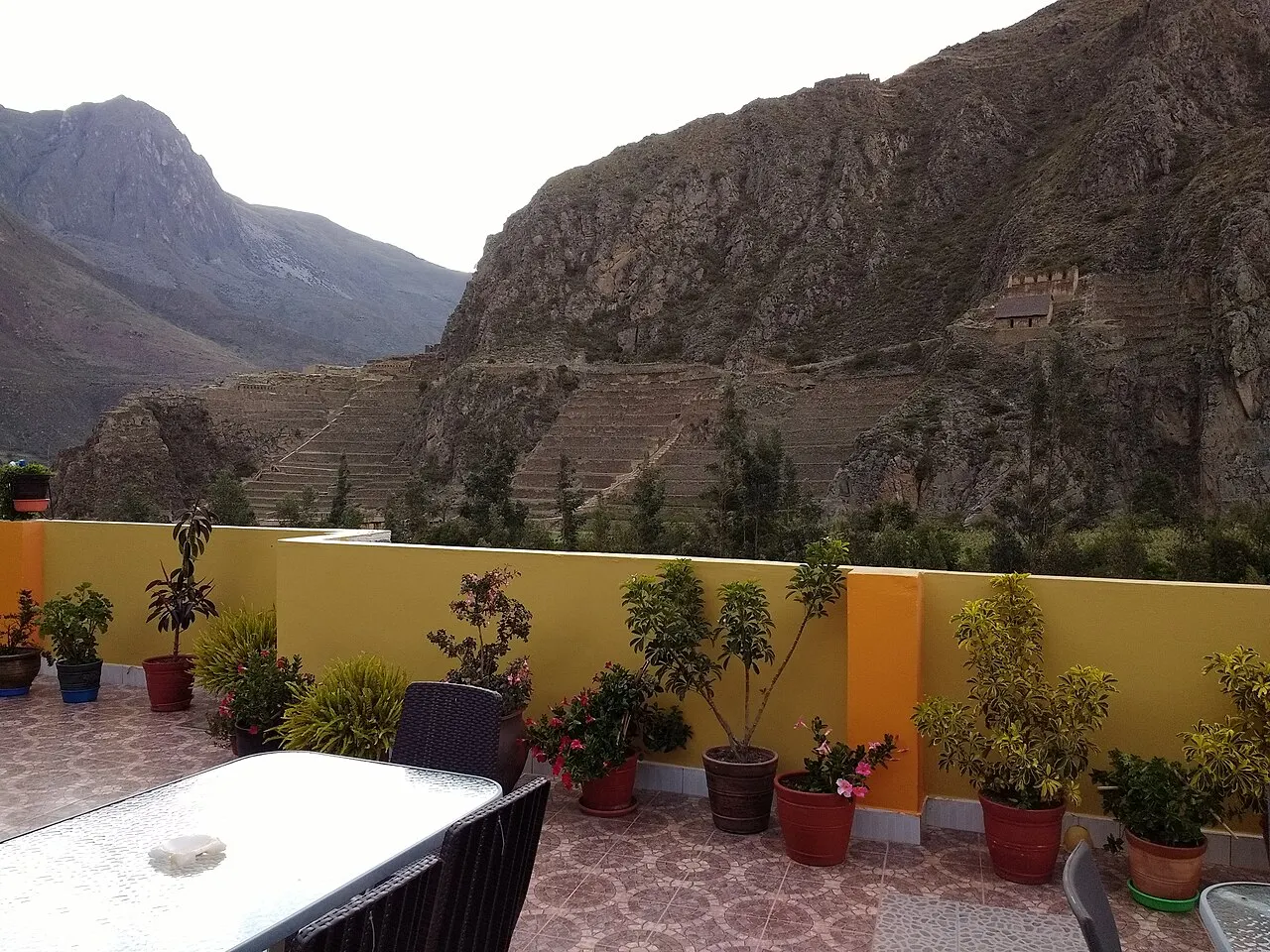 View from a hotel terrace in Ollantaytambo over the town and Inca ruins